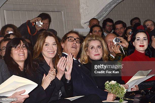 Emmanuelle Alt, Carla Bruni Sarkozy, Gilles Dufour, Catherine Deneuve and Dita Von Teesei attend the Jean Paul Gaultier show as part of Paris Fashion...