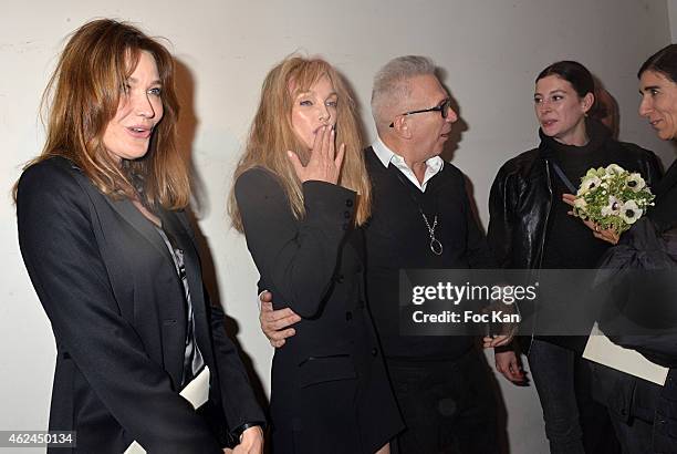 Carla Bruni Sarkozy, Arielle Dombasle, Jean Paul Gaultier, Bianca Li and Marie Agnes Gillot attend the Jean Paul Gaultier show as part of Paris...