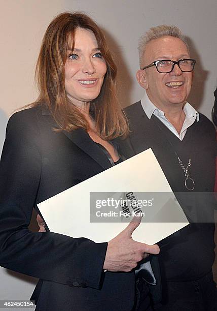 Carla Bruni Sarkozy and Jean Paul Gaultier attend the Jean Paul Gaultier show as part of Paris Fashion Week Haute-Couture Spring/Summer 2015 on...