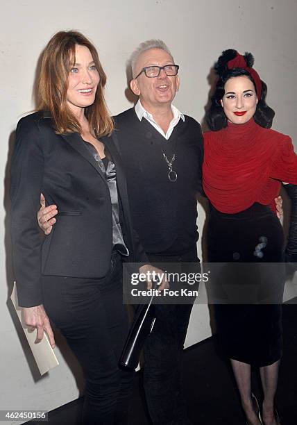 Carla Bruni Sarkozy, Jean Paul Gaultier and Dita Von Teese attend the Jean Paul Gaultier show as part of Paris Fashion Week Haute-Couture...