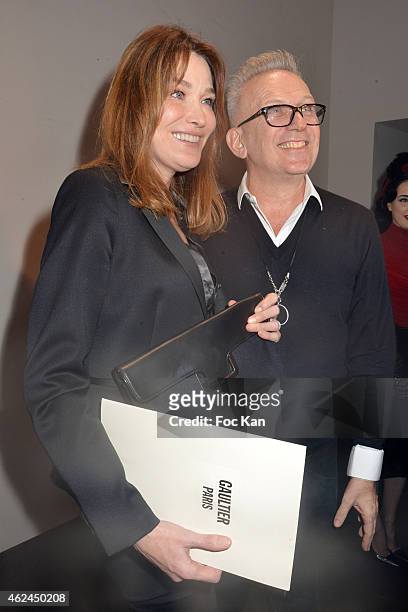 Carla Bruni Sarkozy and Jean Paul Gaultier attend the Jean Paul Gaultier show as part of Paris Fashion Week Haute-Couture Spring/Summer 2015 on...