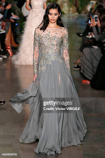 Ming Xi walks the runway during the Elie Saab show as part of Paris Fashion Week Haute Couture Spring/Summer 2015 on January 28, 2015 in Paris,...