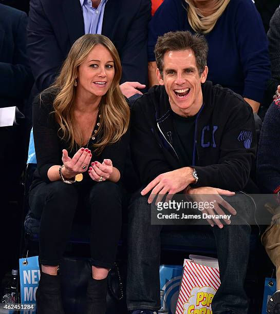 Christine Taylor and Ben Stiller attend the Oklahoma City Thunder vs New York Knicks game at Madison Square Garden on January 28, 2015 in New York...