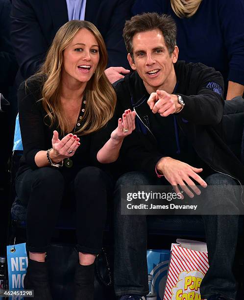 Christine Taylor and Ben Stiller attend the Oklahoma City Thunder vs New York Knicks game at Madison Square Garden on January 28, 2015 in New York...