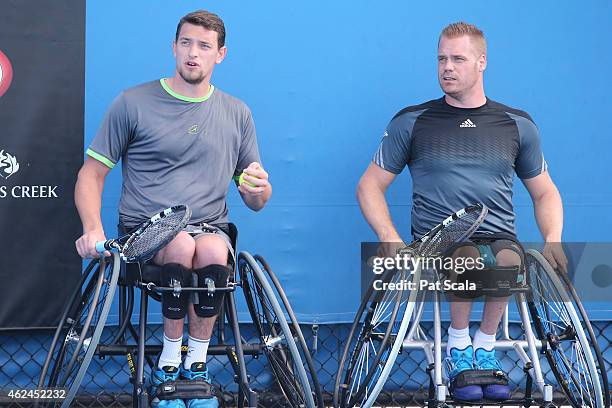 Joachim Gerard of Belgium and Maikel Scheffers of the Netherlands in action in their match against Gordon Reid of Great Britain and Gustavo Fernandez...