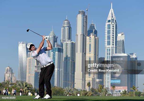 Gary Stal of France on the par five 13th hole during the first round of the Omega Dubai Desert Classic at the Emirates Golf Club on January 29, 2015...