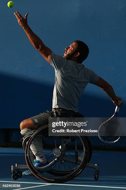 Adam Kellerman of Australia in action in their match with Nicolas Peifer of France against Shingo Kunieda of Japan and Stephane Houdet of France in...