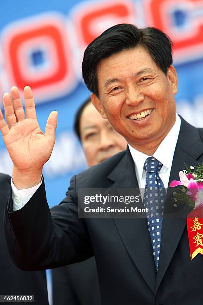 March 22: Wei Jiafu, Chairman of COSCO Group, waves during a ship launch ceremony on March 22, 2006 in Ningbo, China. Shares in Cosco Holdings nearly...
