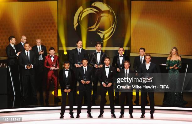 The FIFA/FIFPro World XI for 2013 receive their awards during the FIFA Ballon d'Or Gala 2013 at the Kongresshaus on January 13, 2014 in Zurich,...