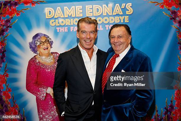 Actor Pierce Brosnan and Dame Edna creator and performer Barry Humphries pose backstage after the opening night performance of "Dame Edna's Glorious...