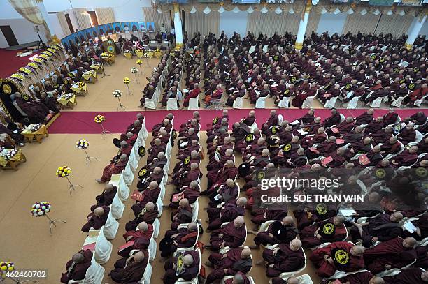 Buddhist monks attend the 19th annual Shwekyin Nikaya conference at a monastery in Hmawbi township, on the outskirts of Yangon on January 29, 2015....