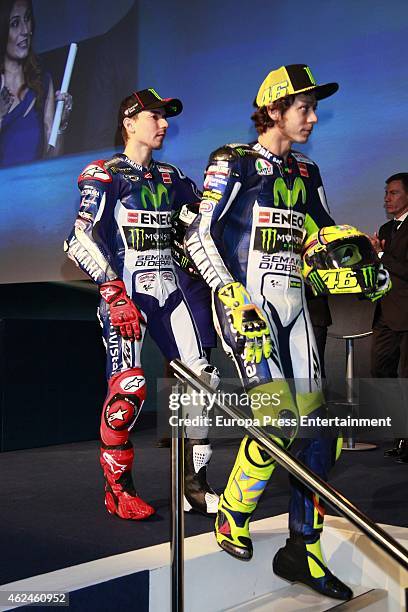 Valentino Rossi and Jorge Lorenzo present 2015 Yamaha MotoGP motorbikes on January 28, 2015 in Madrid, Spain.