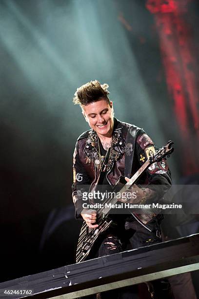 Guitarist Synyster Gates of American hard rock group Avenged Sevenfold performing live on the Stephen Sutton Main Stage at Download Festival on June...