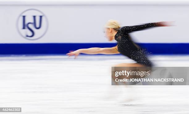 Kiira Korpi of Finland performs on ice during the ladies short program of the ISU European Figure Skating Championships on January 29, 2015 in...