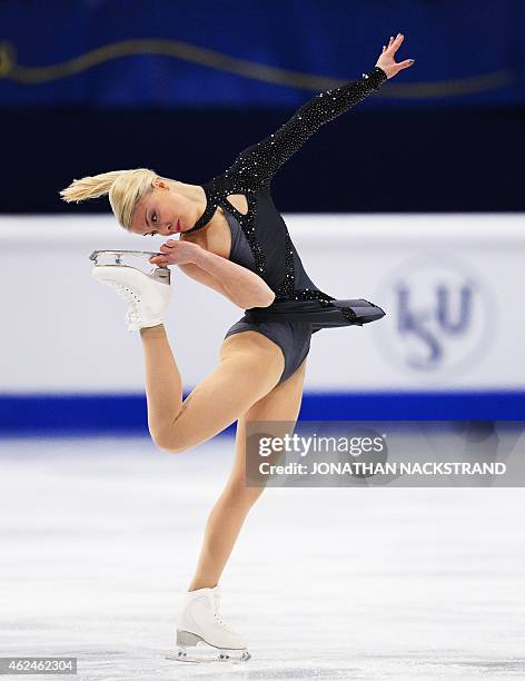 Kiira Korpi of Finland performs on ice during the ladies short program of the ISU European Figure Skating Championships on January 29, 2015 in...