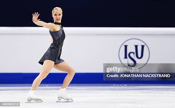 Kiira Korpi of Finland performs on ice during the ladies short program of the ISU European Figure Skating Championships on January 29, 2015 in...