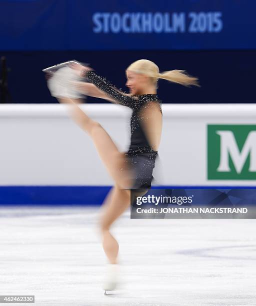 Kiira Korpi of Finland performs on ice during the ladies short program of the ISU European Figure Skating Championships on January 29, 2015 in...