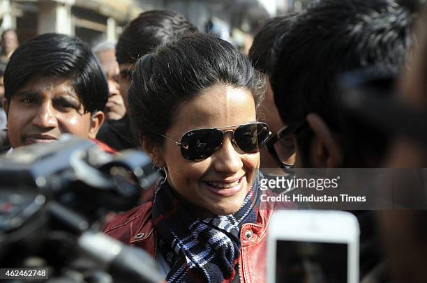 Bollywood actress and AAP leader Gul Panag talks to media during election campaign for the party candidate at Shashtri Nagar area for the upcoming...