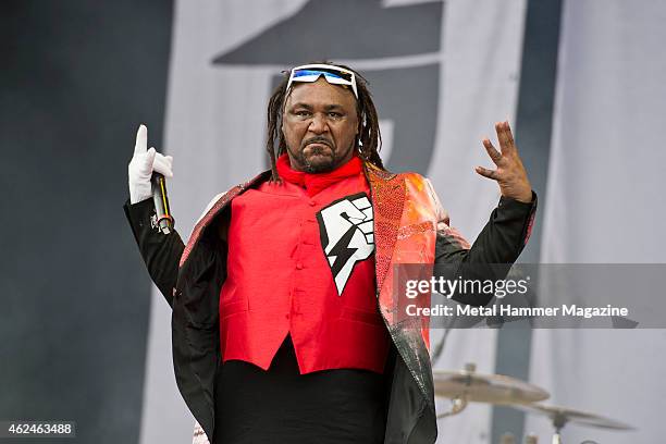 Frontman Benji Webbe of Welsh hard rock group Skindred performing live on the Stephen Sutton Main Stage at Download Festival on June 13, 2014.