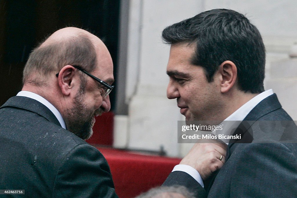 Greek Prime Minister Alexis Tsipras Meets President Of The European Parliament Martin Schulz