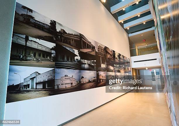 An installation by Shelagh Keeley of 27 photographs from Zaire is seen along one large wall. The Power Plant art gallery opened its winter season...