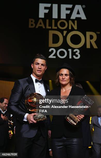 Ballon d'Or winner Cristiano Ronaldo of Portugal and Real Madrid poses with FIFA Women's World Player of the Year winner Nadine Angerer of Germany...