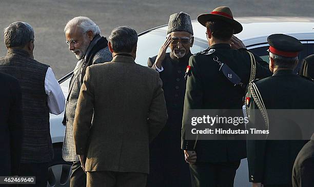 Vice-President Hamid Ansari along with Prime Minister Narendra Modi during the Beating Retreat Ceremony at Vijay Chowk on January 29, 2015 in New...