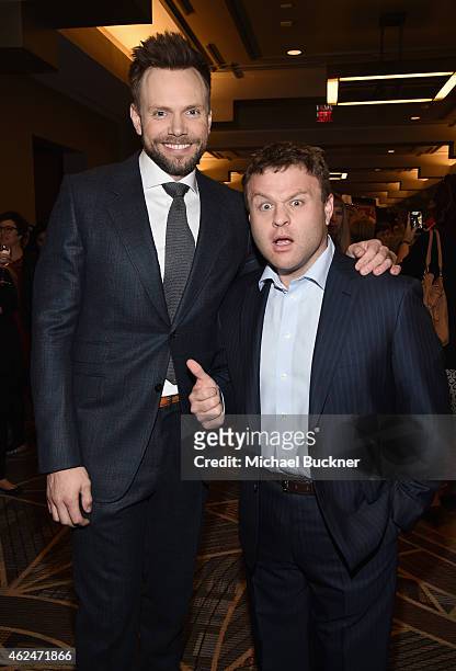 Host Joel McHale and comedian Frank Caliendo attend the Friars Club Roast of Terry Bradshaw during the ESPN Super Bowl Roast at the Arizona Biltmore...