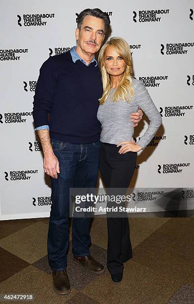 Actors Peter Gallagher and Kristin Chenoweth attend "On The Twentieth Century" Broadway Cast Photocall on January 29, 2015 in New York City.