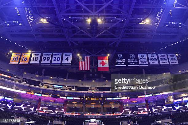 The retired jerseys of the Los Angeles Kings hang in the Staples