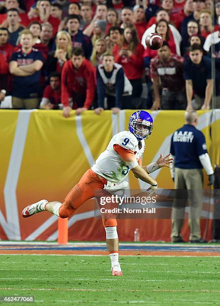 Grant Hedrick of the Boise State Broncos throws the ball down field against the Arizona Wildcats at University of Phoenix Stadium on December 31,...