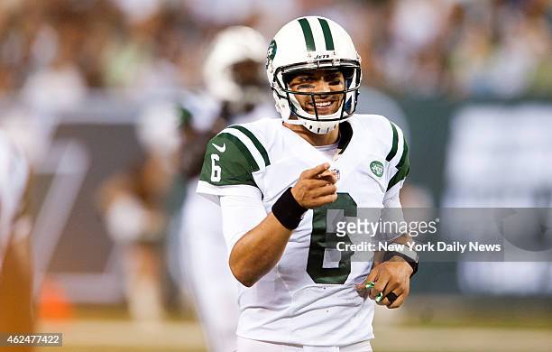 New York Jets quarterback Mark Sanchez in the second quarter in the preseason game against the Carolina Panthers at MetLife Stadium.