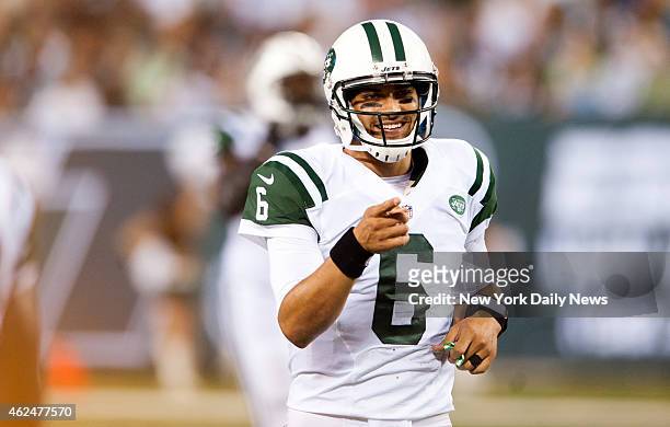New York Jets quarterback Mark Sanchez in the second quarter in the preseason game against the Carolina Panthers at MetLife Stadium.