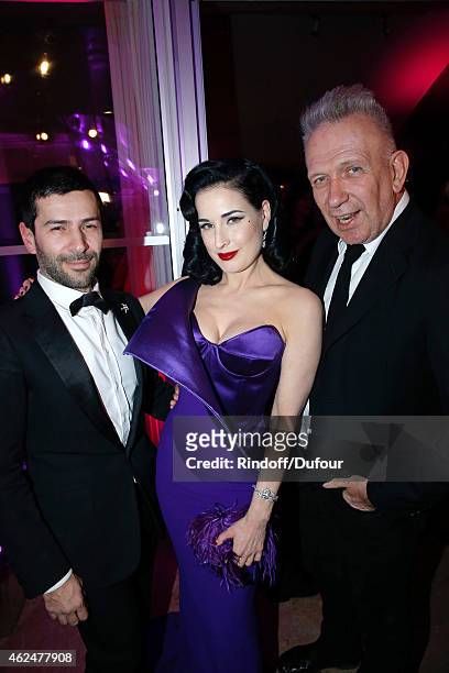 Fashion Designer Alexis Mabille, Dita Von Teese and Fashion Designer Jean-Paul Gaultier attend the Sidaction Gala Dinner 2015 at Pavillon...