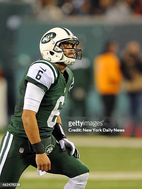 New York Jets quarterback Mark Sanchez react to fumble and touchdown in the first half when the New York Jets played the New England Patriots...
