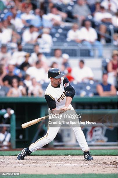 Jason Kendall of the Pittsburgh Pirates bats during a game against the Milwaukee Brewers at PNC Park on August 18, 2002 in Pittsburgh, Pennsylvania.