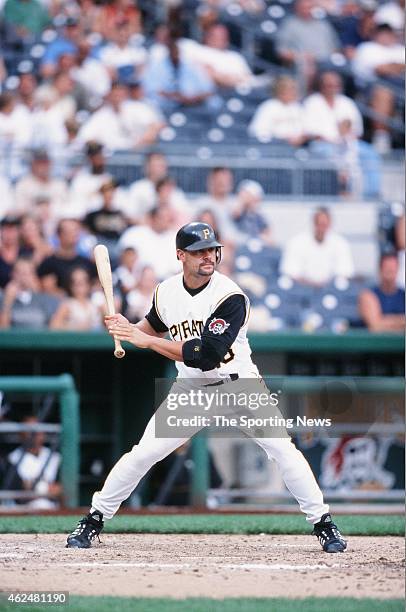 Jason Kendall of the Pittsburgh Pirates bats during a game against the Milwaukee Brewers at PNC Park on August 18, 2002 in Pittsburgh, Pennsylvania.