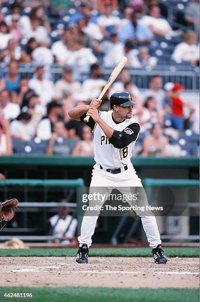 Jason Kendall of the Pittsburgh Pirates bats during a game against the Milwaukee Brewers at PNC Park on August 18, 2002 in Pittsburgh, Pennsylvania.