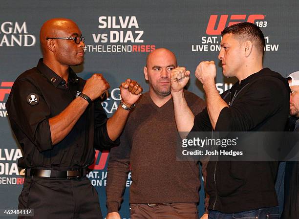 Opponents Anderson Silva of Brazil and Nick Diaz face off during the UFC 183 Ultimate Media Day at the MGM Grand Hotel/Casino on January 29, 2015 in...