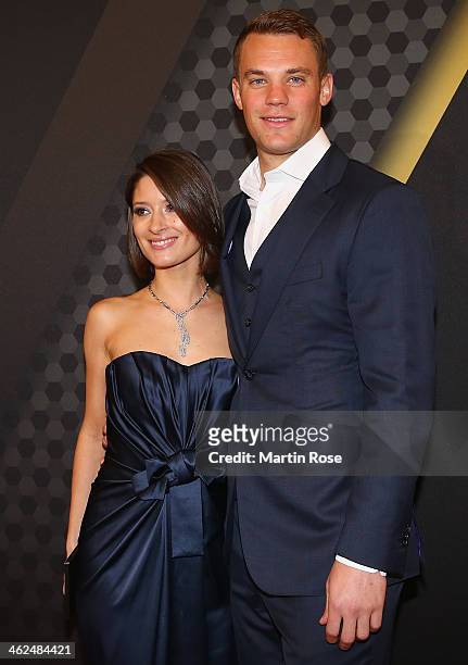 Manuel Neuer of Bayern Muenchen and girlf friend Kathrin Gilch arrive during the FIFA Ballon d'Or Gala 2013at the Kongresshalle on January 13, 2014...