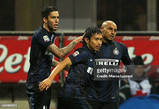 Yuto Nagatomo of FC Internazionale Milano celebrates with his team-mates Cicero Moreira Jonathan and Gabriel Ricardo Alvarez after scoring his goal...