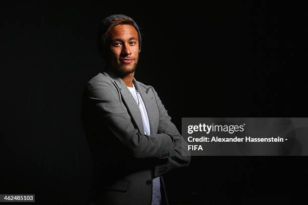 Neymar of Brazil and FC Barcelona poses for a portrait prior to the FIFA Ballon d'Or Gala 2013 at the Park Hyatt hotel on January 13, 2014 in Zurich,...