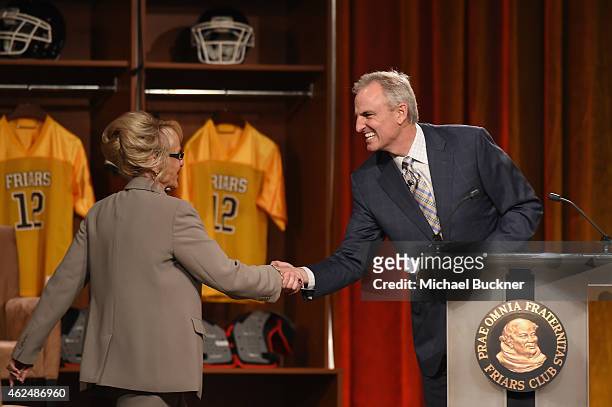Former Governor Jan Brewer and sports analyst Trey Wingo onstage during the Friars Club Roast of Terry Bradshaw during the ESPN Super Bowl Roast at...
