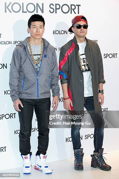 Sean and Jinu of boy band Jinusean attend the Kolon Sport 2015 SS Collection on January 29, 2015 in Seoul, South Korea.
