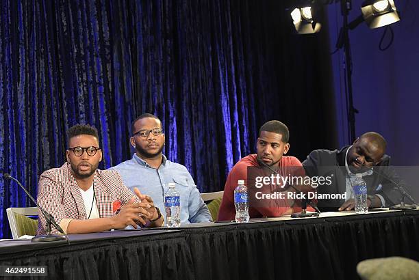 Contest winner Kevin Ward, NFL players Terrence Stephens, Cam Newton and Michael Gaines speak onstage at the 16th Annual Super Bowl Gospel...