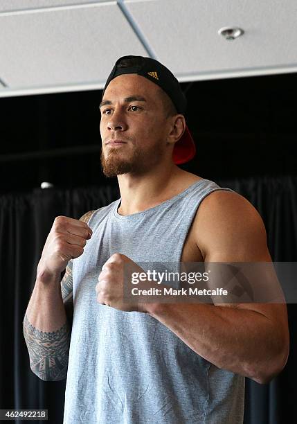 Sonny Bill Williams poses during the weigh in ahead of Footy Show Fight Night at Allphones Arena on January 30, 2015 in Sydney, Australia.