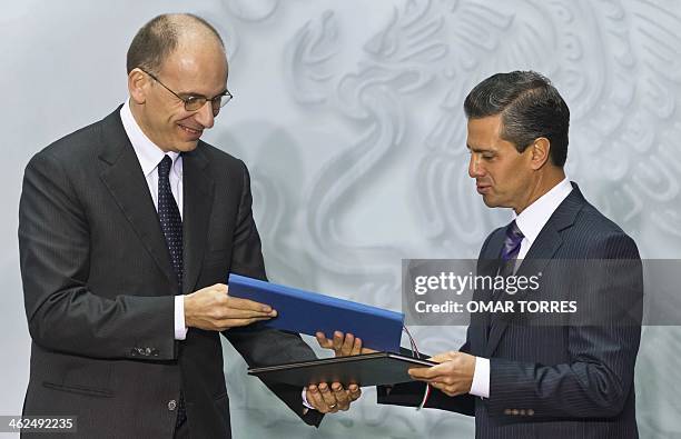 Italian Prime Minister Enrico Letta and Mexican President Enrique Pena Nieto exchange documents after signing bilateral cooperation agreements at the...