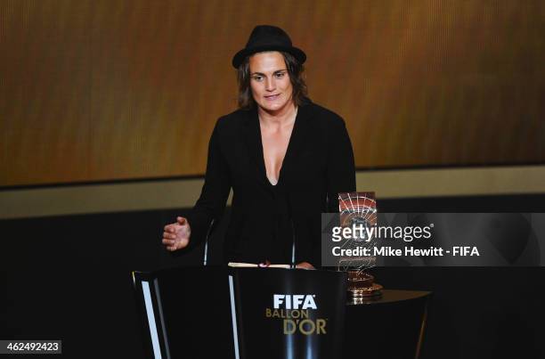 Women's World Player of the Year winner Nadine Angerer of Germany and Brisbane Roar accepts her award during the FIFA Ballon d'Or Gala 2013 at the...