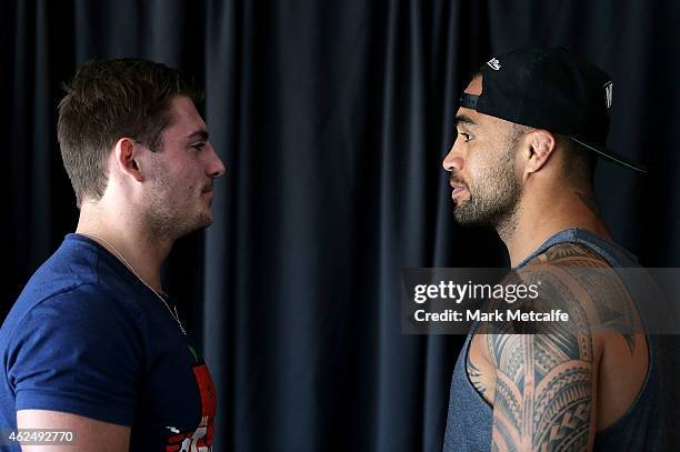 Liam Messam and Rhys Sullivan face up during the weigh in ahead of Footy Show Fight Night at Allphones Arena on January 30, 2015 in Sydney, Australia.