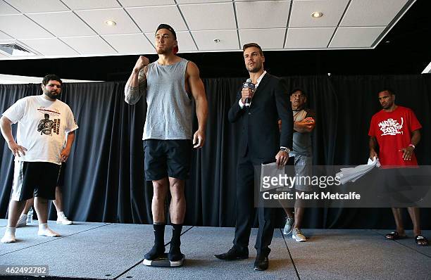 Sonny Bill Williams poses during the weigh in ahead of Footy Show Fight Night at Allphones Arena on January 30, 2015 in Sydney, Australia.
